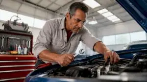 Mechanic inspecting car engine dipstick