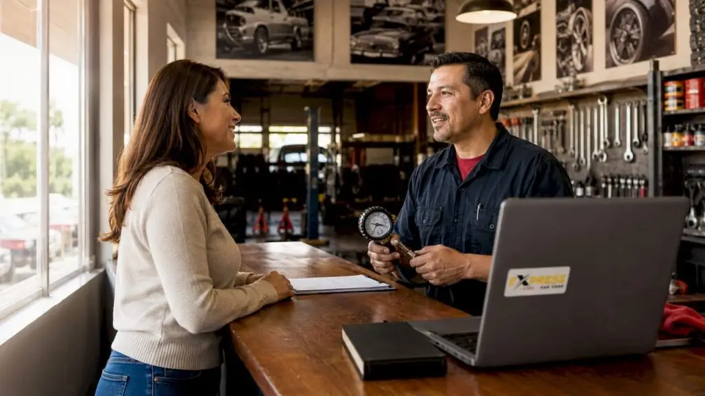 Customer talking to mechanic in local auto shop