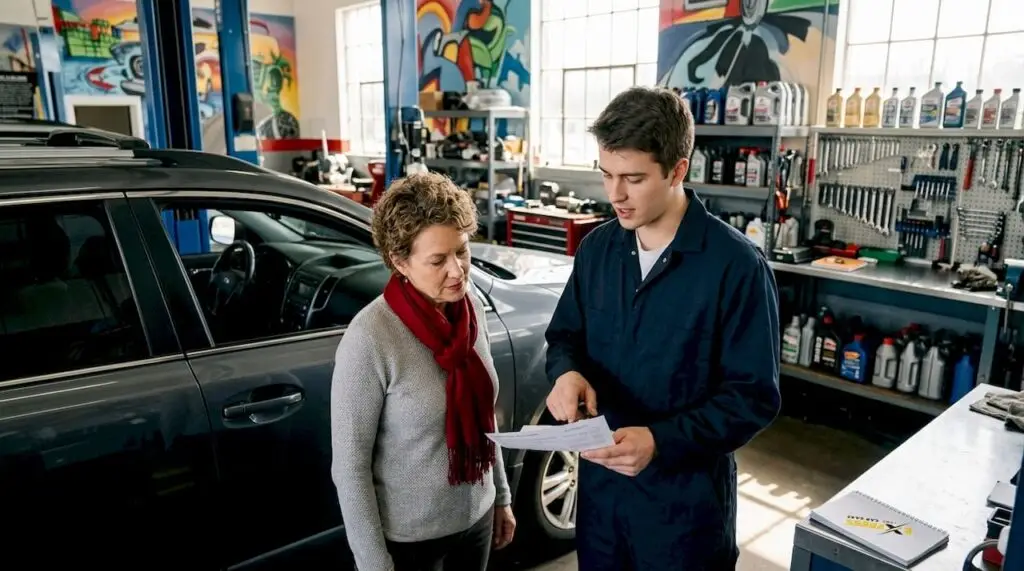 Customer reviewing written repair estimate with mechanic