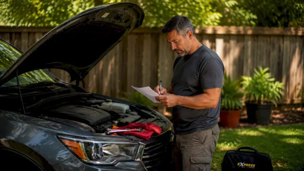 Driver inspecting vehicle maintenance checklist outdoors