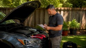 Driver inspecting vehicle maintenance checklist outdoors