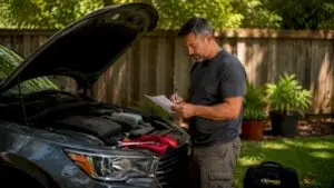 Driver inspecting vehicle maintenance checklist outdoors
