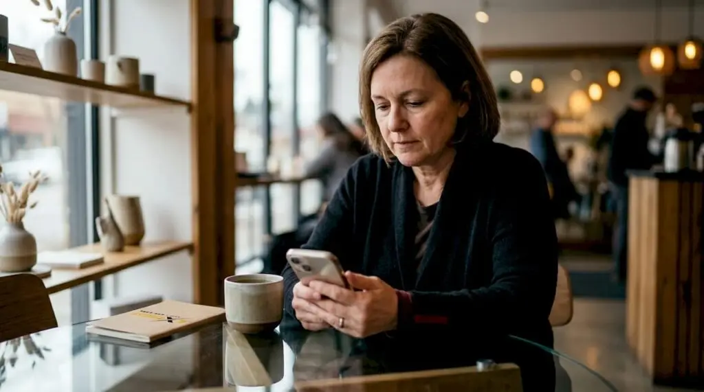 Woman checking auto shop reviews on phone