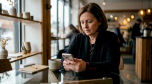 Woman checking auto shop reviews on phone