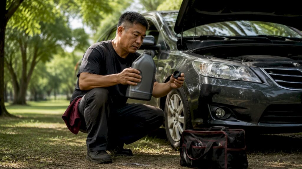Rideshare driver preparing to change oil on car
