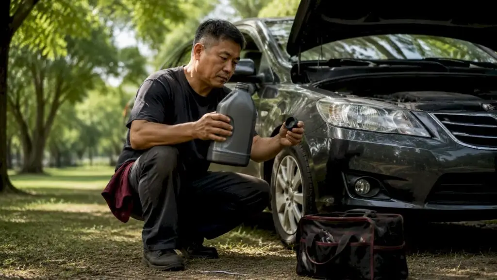 Rideshare driver preparing to change oil on car