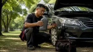 Rideshare driver preparing to change oil on car