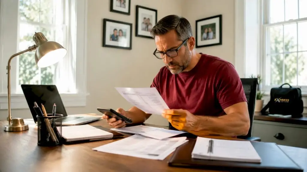 Man reviewing car service invoices at home