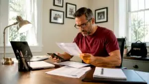 Man reviewing car service invoices at home