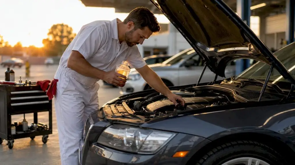 Technician inspecting European car engine oil in garage