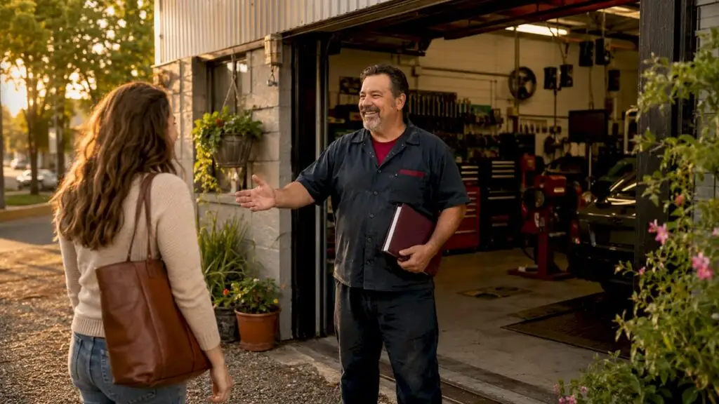 Mechanic greeting customer outside local auto shop