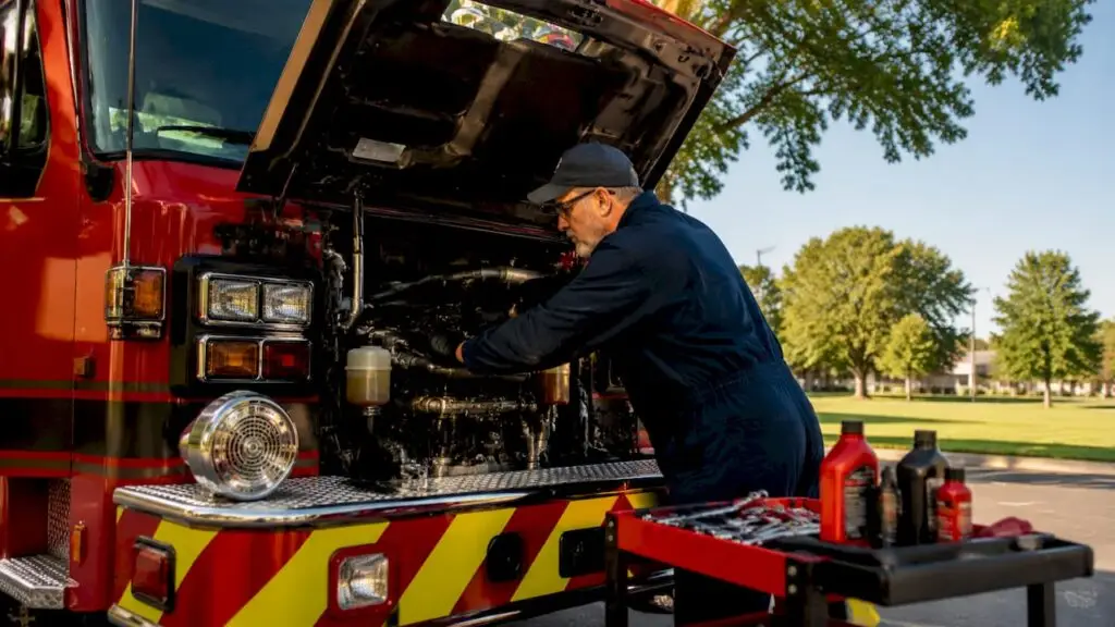 Mechanic inspecting fire truck engine in garage