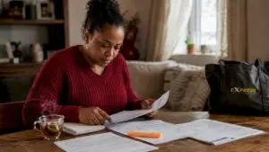 Woman reviewing auto repair shop licenses at home table
