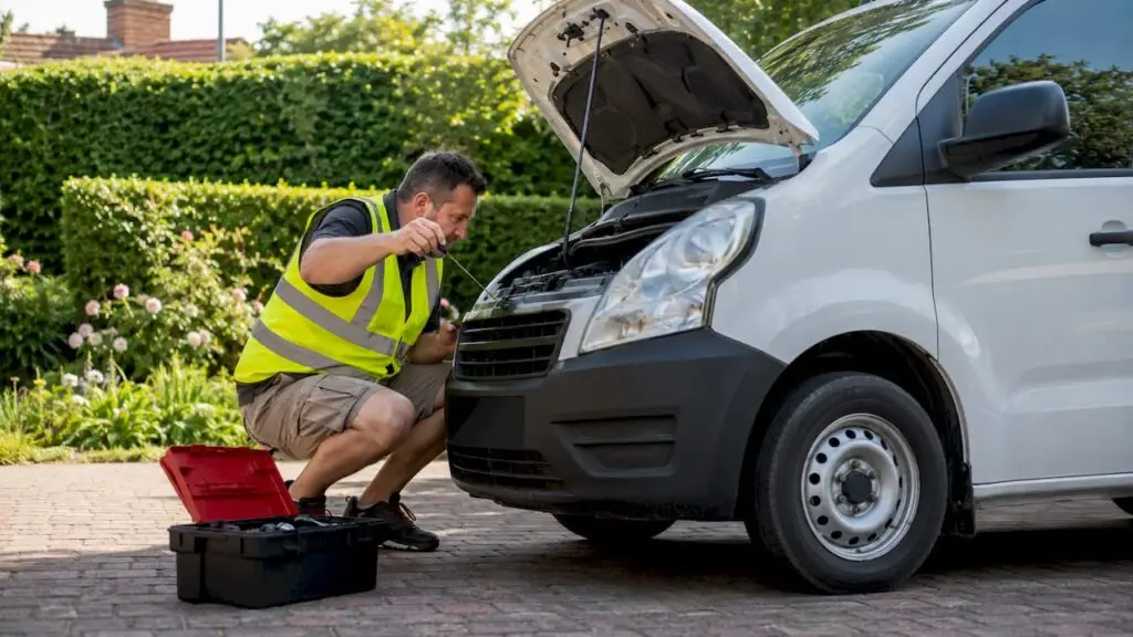 Delivery driver inspecting engine oil dipstick