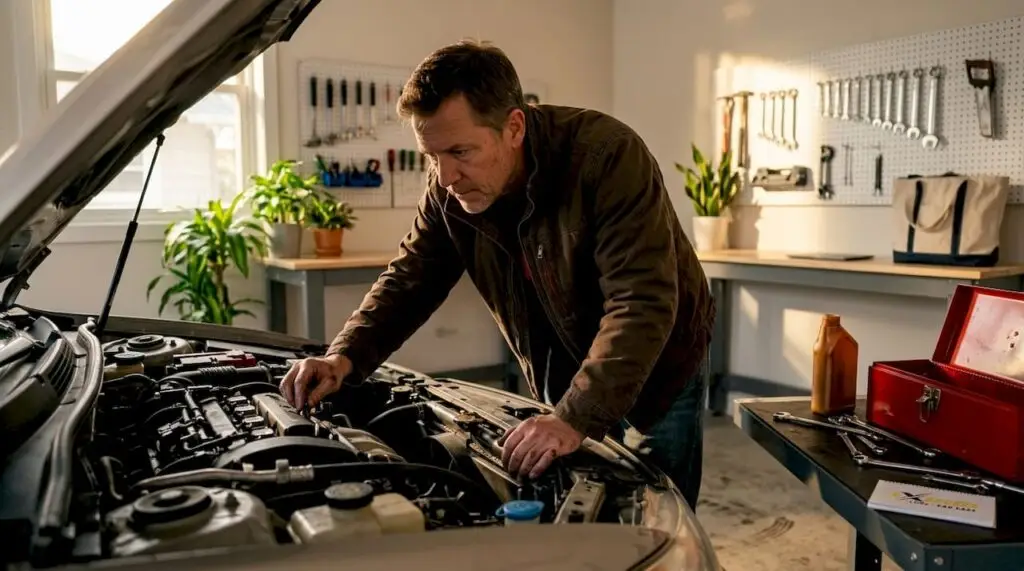 Man inspecting car engine in driveway morning light