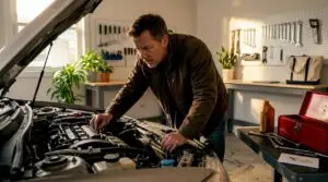 Man inspecting car engine in driveway morning light