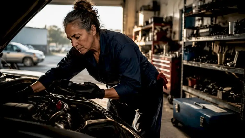 Mechanic inspecting car engine with scanner