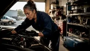Mechanic inspecting car engine with scanner