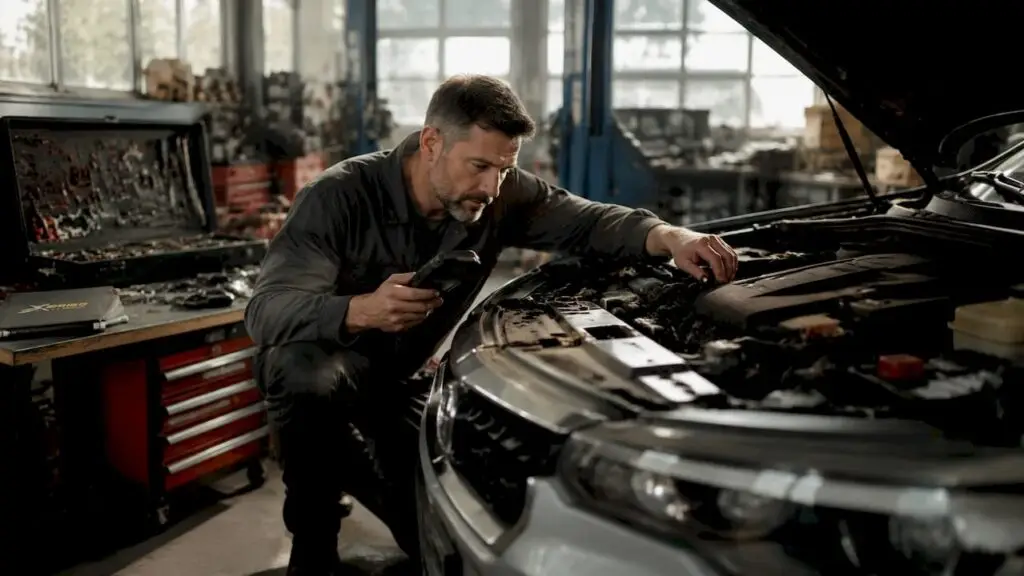 Mechanic inspecting engine of high-mileage vehicle