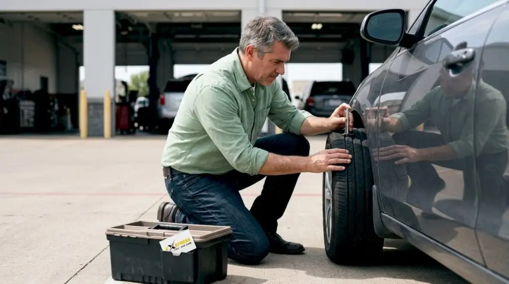 Man inspecting car tire outdoors at auto shop