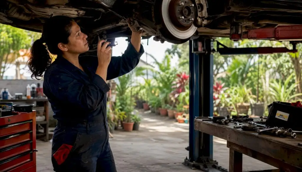 Local mechanic inspecting vehicle in garage