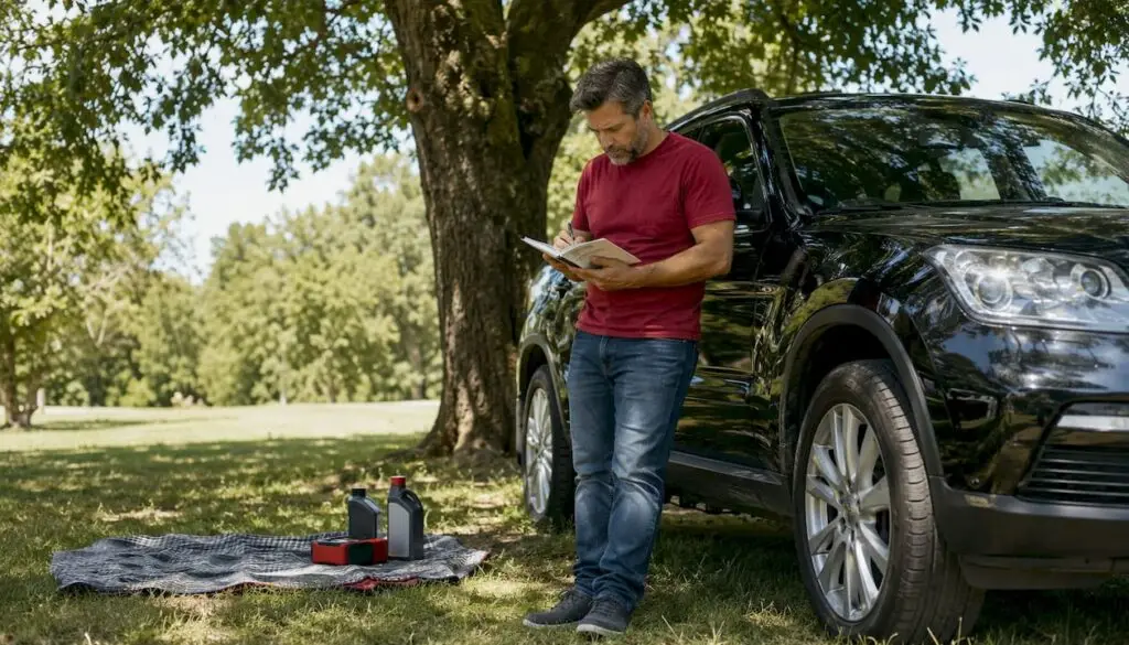 Man reviewing SUV service schedule in driveway