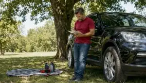 Man reviewing SUV service schedule in driveway