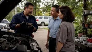 Mechanic explaining car part to customers