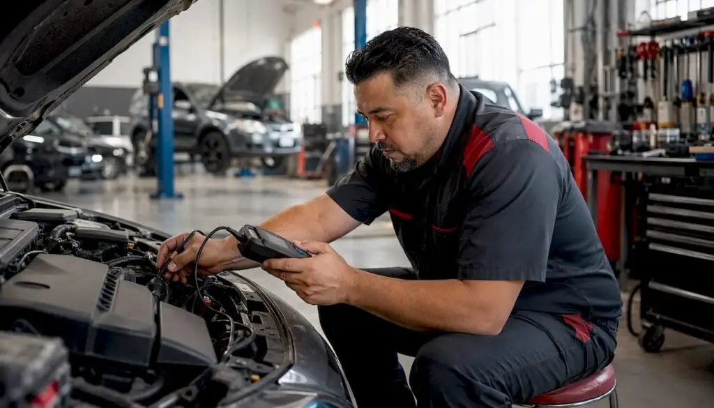 Mechanic connecting car diagnostic scanner