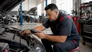 Mechanic connecting car diagnostic scanner
