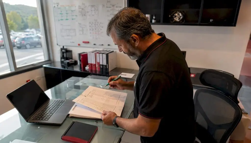 Auto shop owner reviewing repair invoice checklist