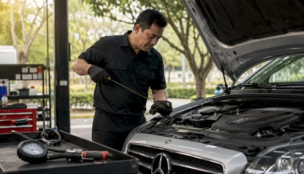Technician inspecting Mercedes-Benz during Service A