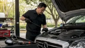 Technician inspecting Mercedes-Benz during Service A