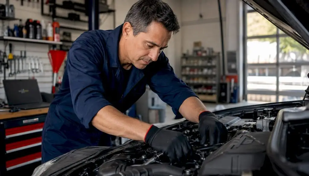 Mechanic servicing import car in workshop
