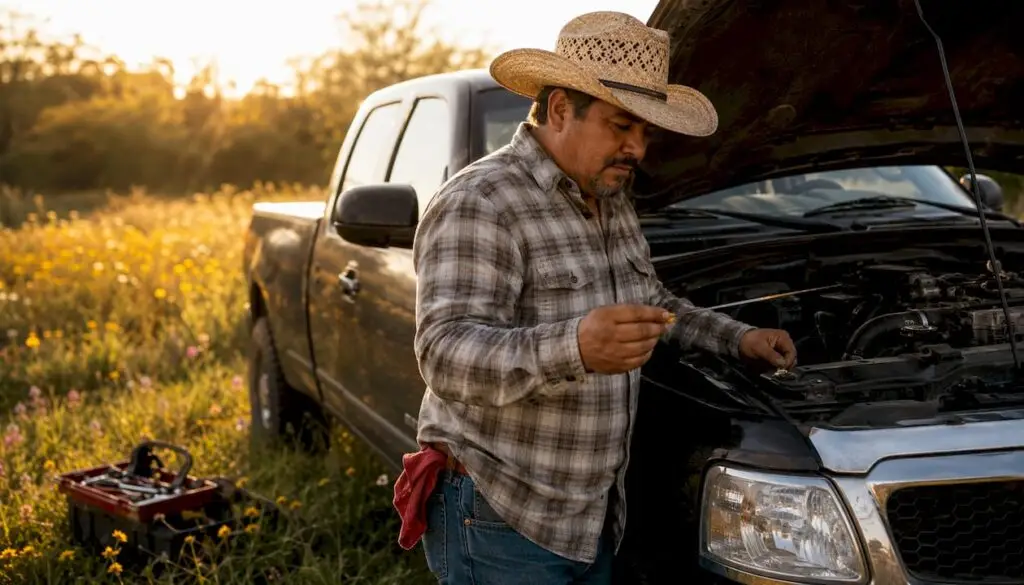Driver checking engine oil in Texas heat