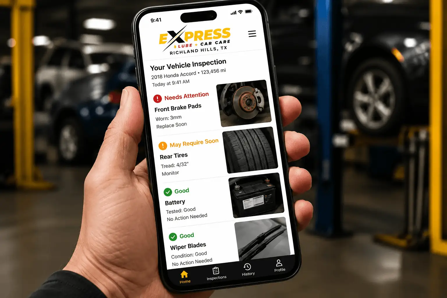 Digital vehicle inspection report with photos at Express Lube & Car Care in Richland Hills, TX