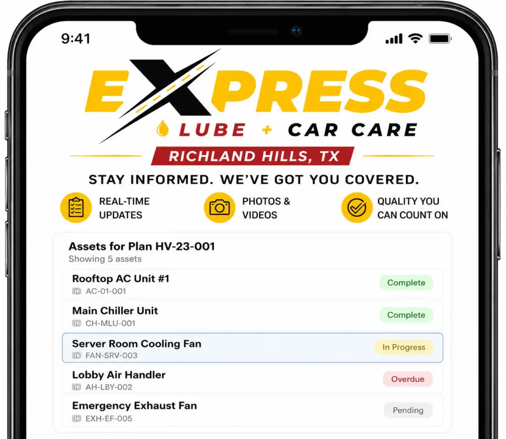 Digital vehicle inspection checklist with photos and real-time updates at Express Lube & Car Care in Richland Hills, TX.