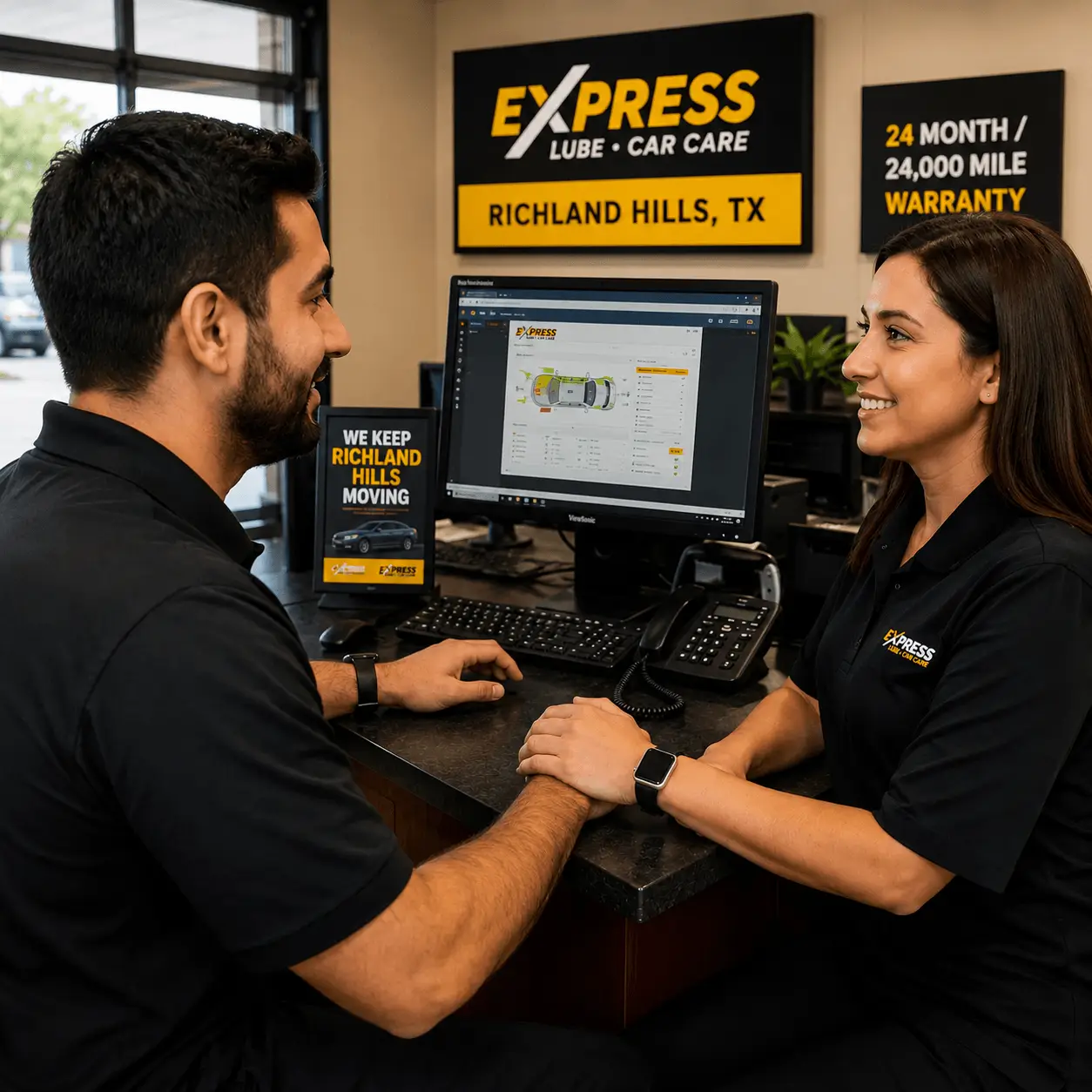 Friendly service advisors assisting customers at Express Lube & Car Care in Richland Hills, TX