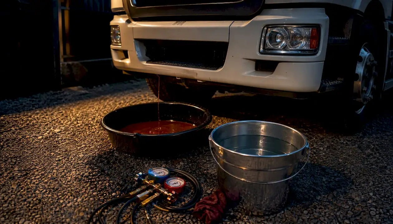 Truck coolant flush tools by drain pan