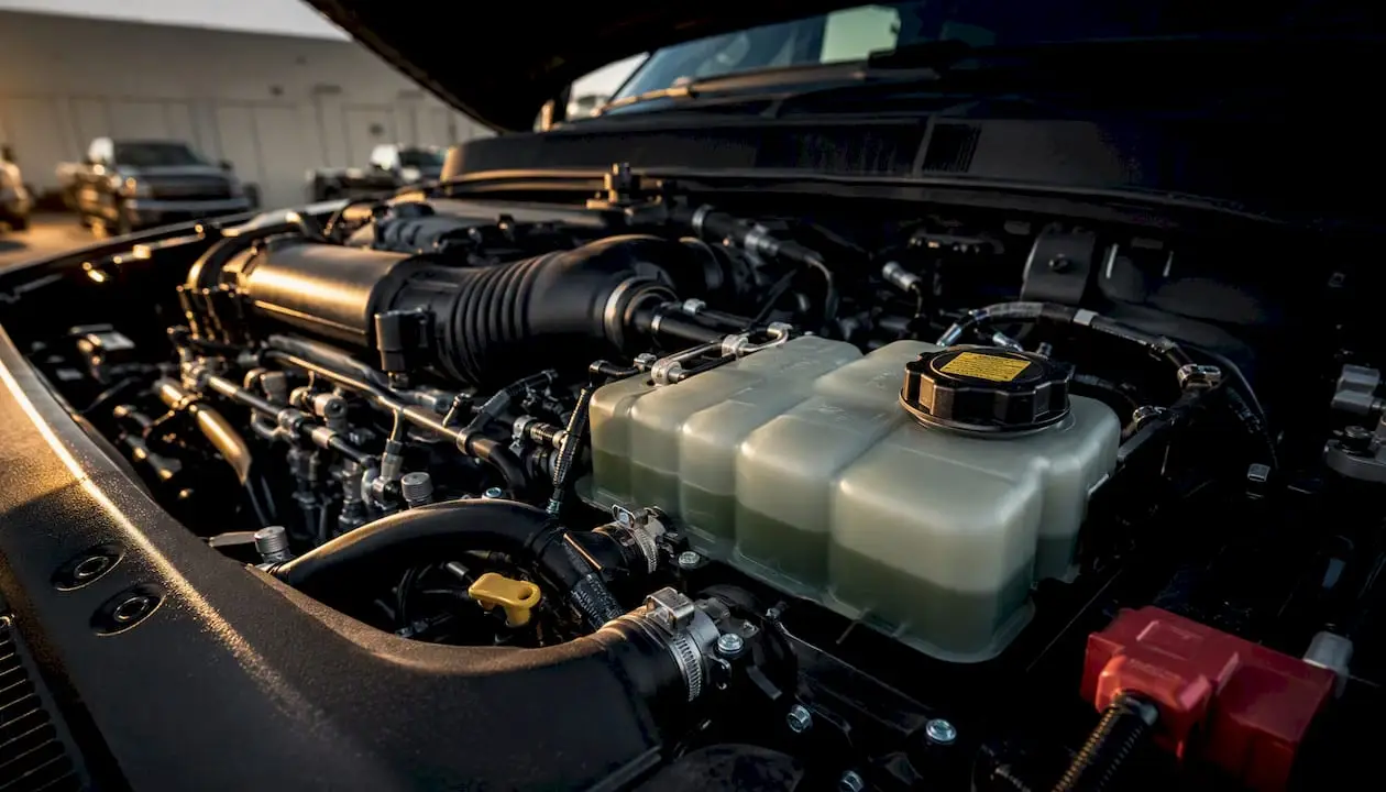 Close-up of truck coolant reservoir and radiator