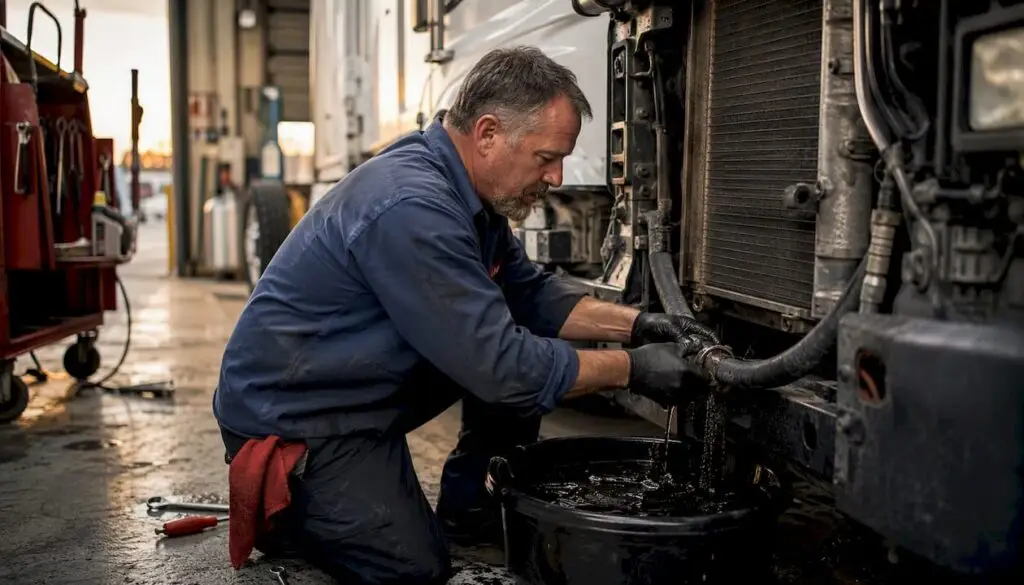 Mechanic draining coolant from truck radiator