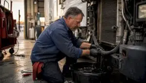 Mechanic draining coolant from truck radiator