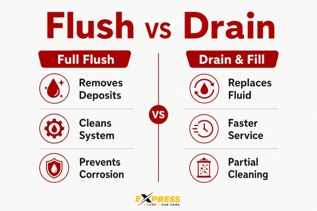 Infographic comparing coolant flush with drain and fill