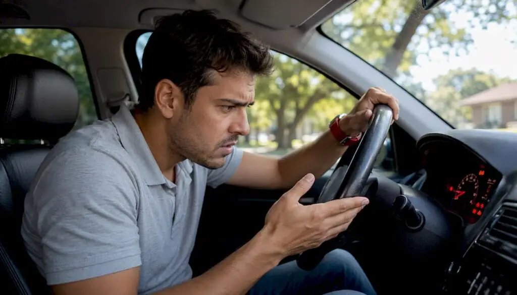 Driver checking overheating gauge inside car
