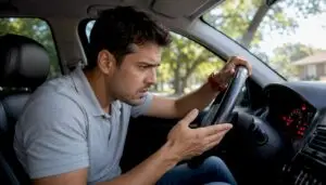 Driver checking overheating gauge inside car