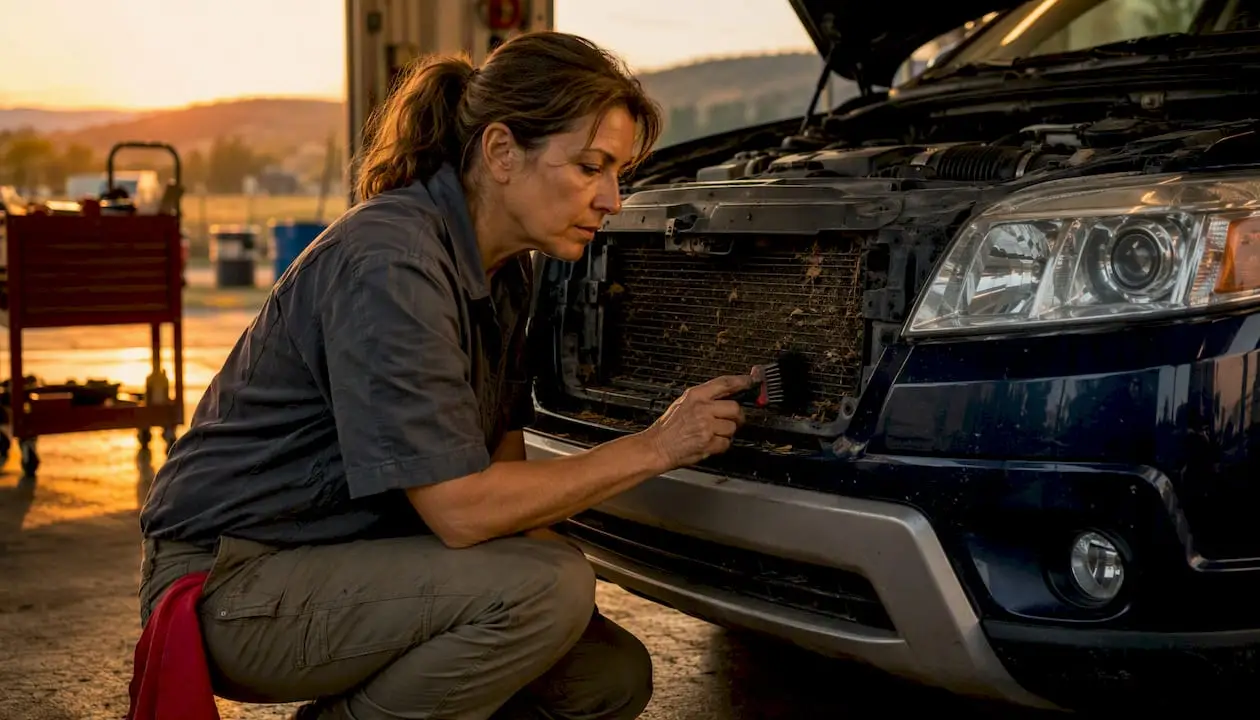 Technician clearing debris from car radiator