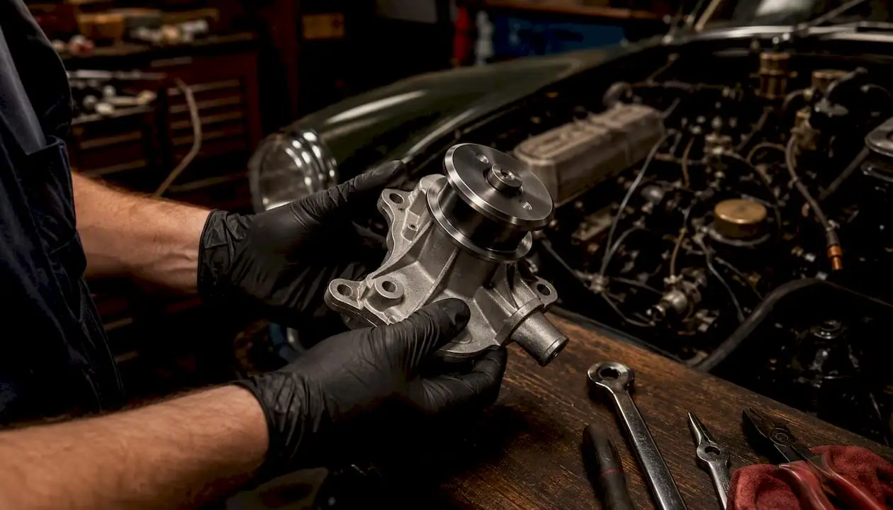 Close-up of hands holding water pump in engine bay