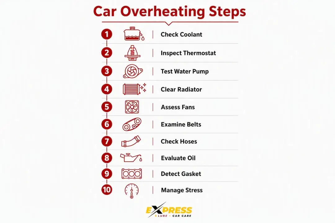 Infographic illustrating car overheating causes and fixes in steps