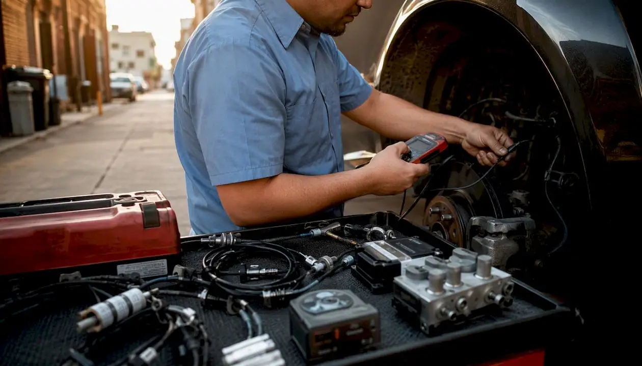 Close-up of hands testing ABS wheel speed sensors with multimeter
