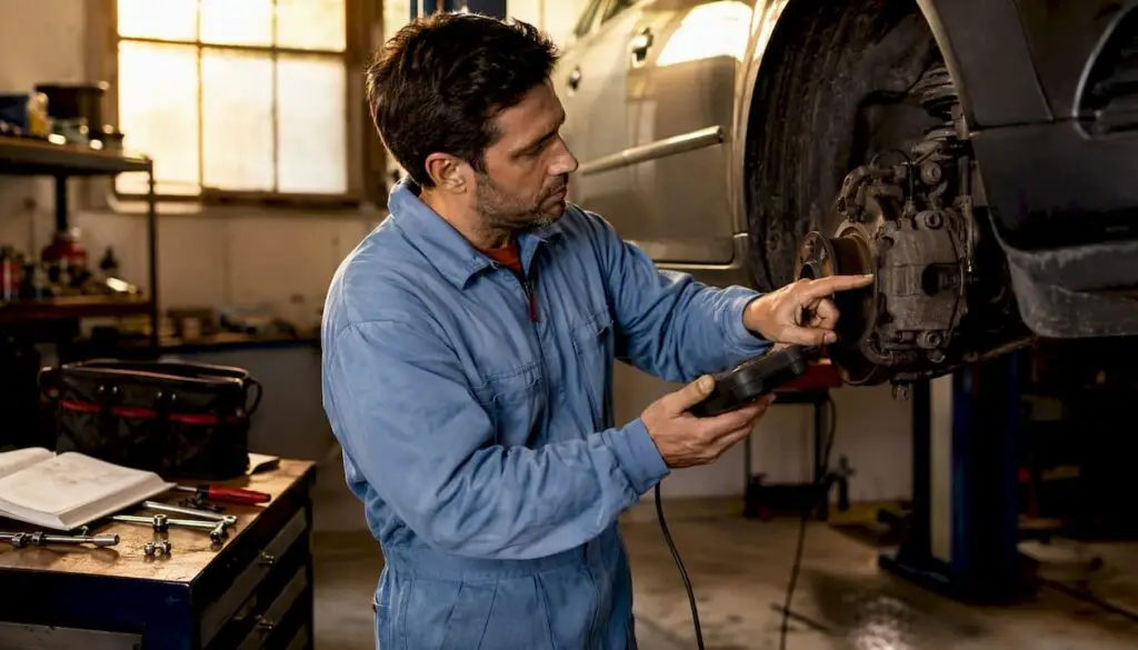 Mechanic inspecting ABS brake system components